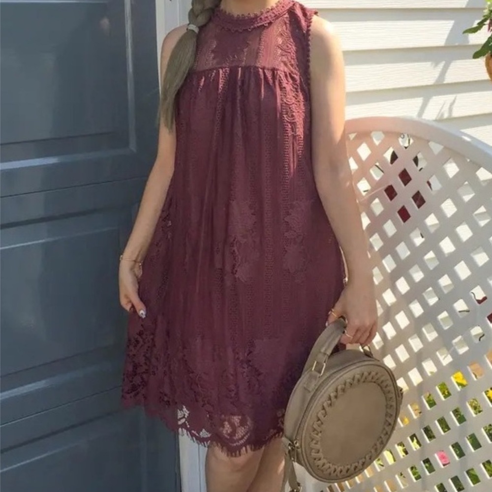 Lace Practical Magic Burgundy Maroon Sleeveless Brunch Modest Baby Doll Dress - Picture 12 of 13